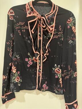 Floral Tie-Neck Blouse in Black and Coral